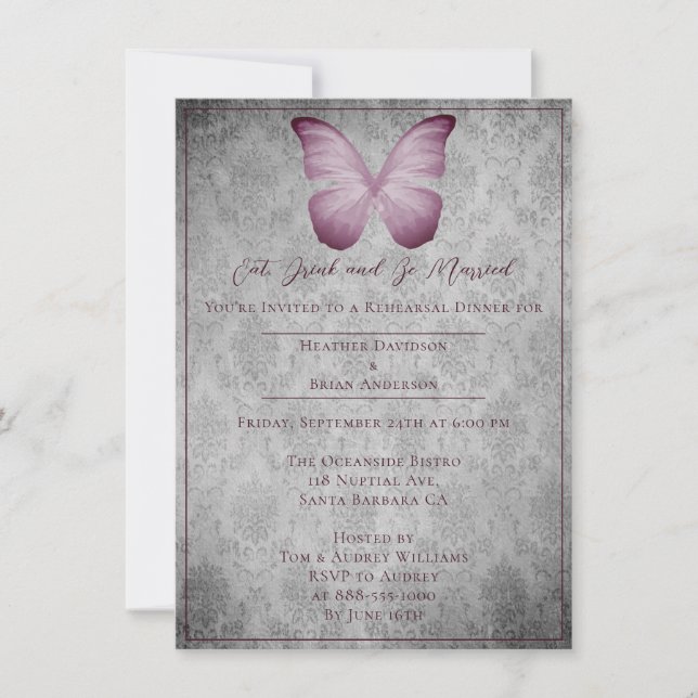 Pink Vintage Butterfly Damask Rehearsal Dinner Invitation (Front)