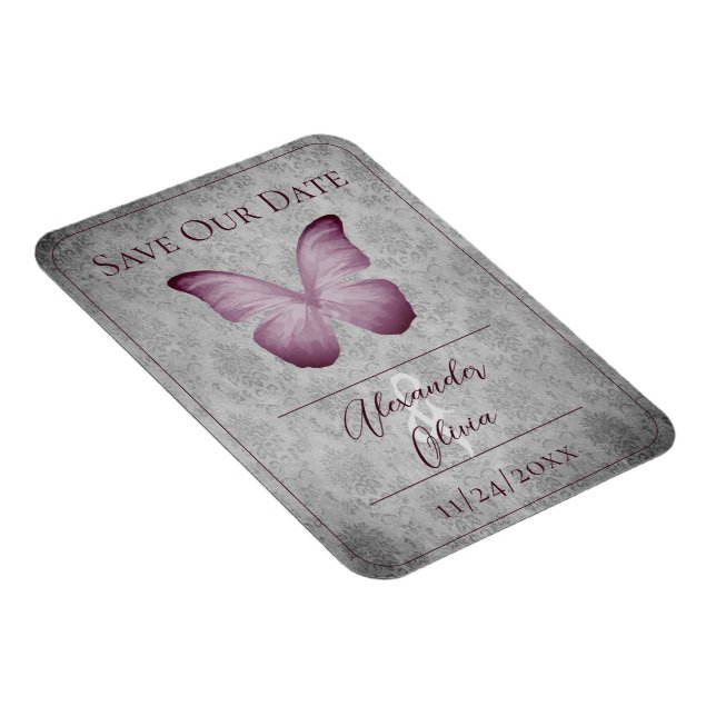 Pink Vintage Butterfly Damask Save the Date Magnet (Right Side)