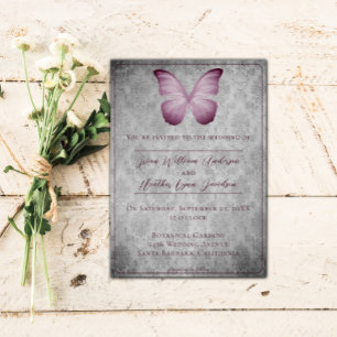Pink Vintage Butterfly Damask Wedding Invitation