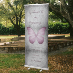 Pink Vintage Butterfly Damask Wedding Retractable Banner