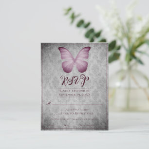 Pink Vintage Butterfly Damask Wedding RSVP Card