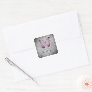 Pink Vintage Butterfly Damask Wedding Thank You Square Sticker