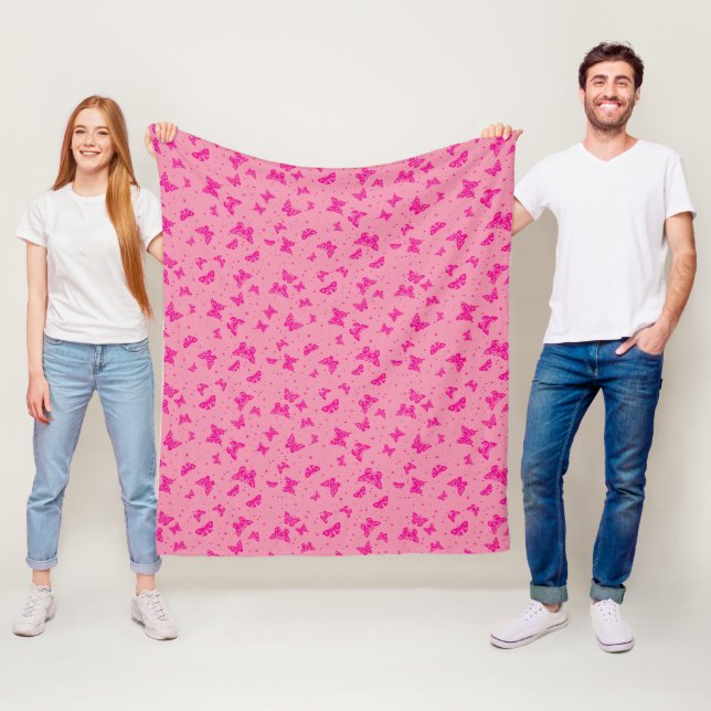 Pink vintage butterfly motif pattern fleece blanket (In Situ)