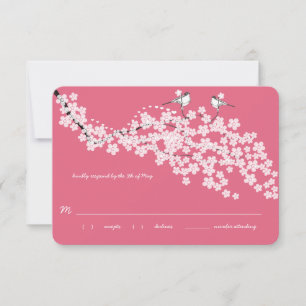 Pink Vintage Cherry Blossom Chickadee Wedding RSVP Card