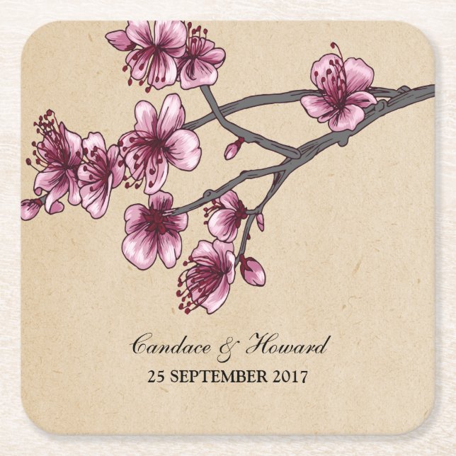 Pink Vintage Cherry Blossoms Paper Coasters (Front)