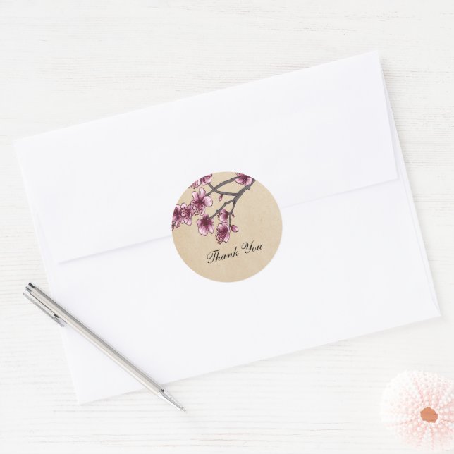 Pink Vintage Cherry Blossoms Thank You Stickers (Envelope)