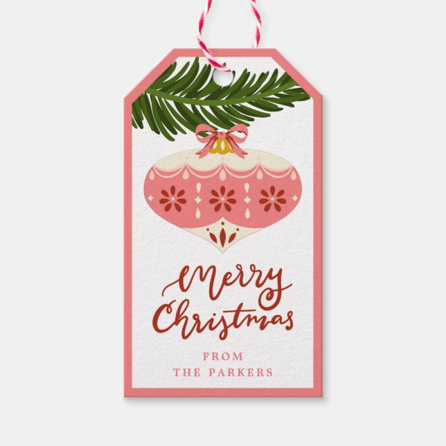 Pink Vintage Christmas Ornament Gift Tag (Front)