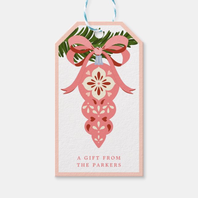 Pink Vintage Christmas Ornament Gift Tag (Front)