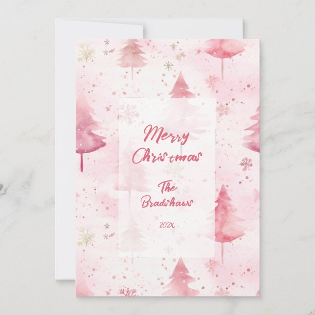 Pink Vintage Christmas Pine Trees  Holiday Card (Front)
