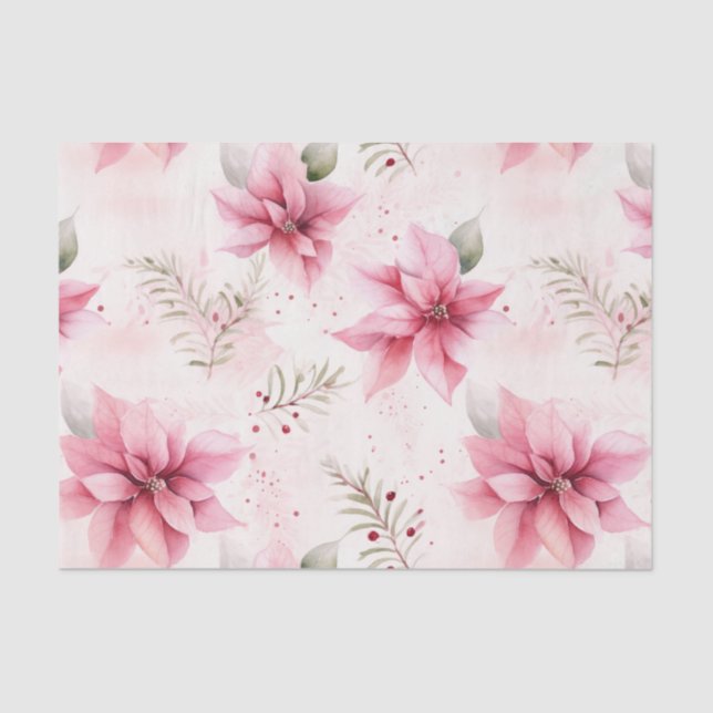 Pink Vintage Christmas Poinsettias Tissue Paper (Front)