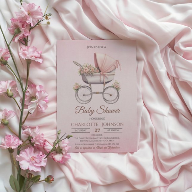 Pink Vintage Classic Girl Baby Shower Invitation (Creator Uploaded)