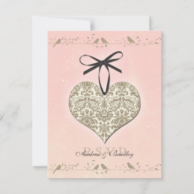 Pink Vintage Damask Heart Wedding Reply Card (Front)