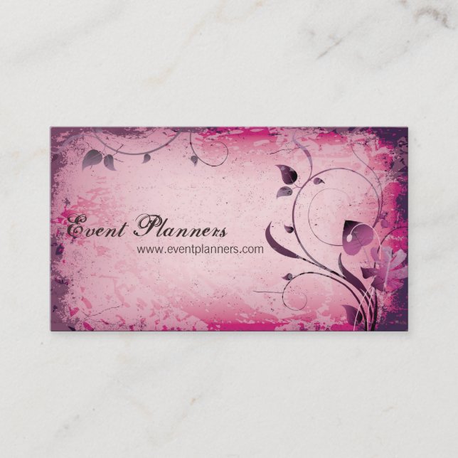 Pink Vintage Event Planner Leafy Business Card (Front)