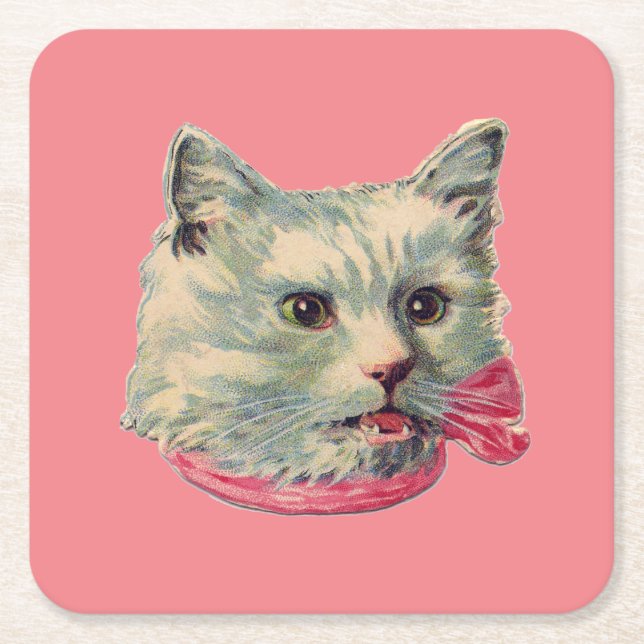 Pink Vintage Fancy Cat Paper Coaster (Front)