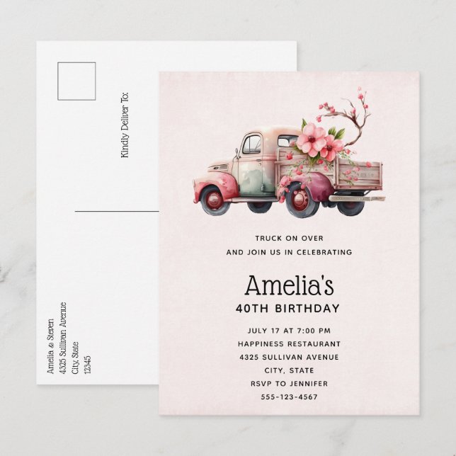 Pink Vintage Farmer's Truck Birthday Invitation Postcard (Front/Back)