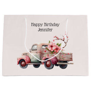 Pink Vintage Farmer's Truck Birthday Large Gift Bag