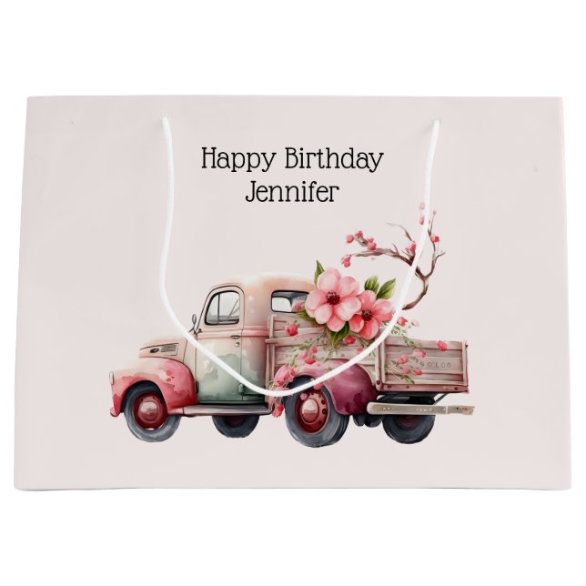 Pink Vintage Farmer's Truck Birthday Large Gift Bag (Front)