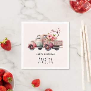 Pink Vintage Farmer's Truck Birthday Napkin