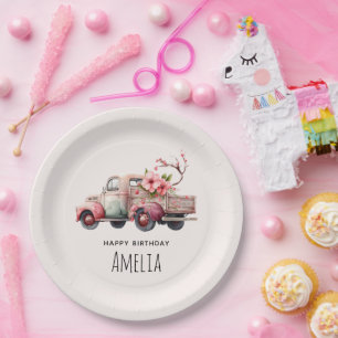 Pink Vintage Farmer's Truck Birthday Paper Plate