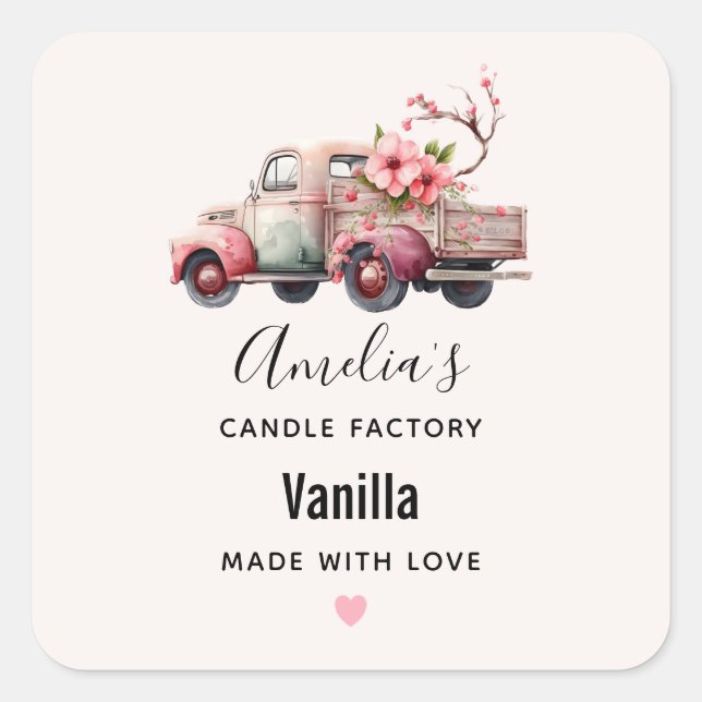 Pink Vintage Farmer's Truck Candle Business Square Sticker (Front)