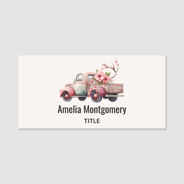Pink Vintage Farmer's Truck Name Tag (Front)