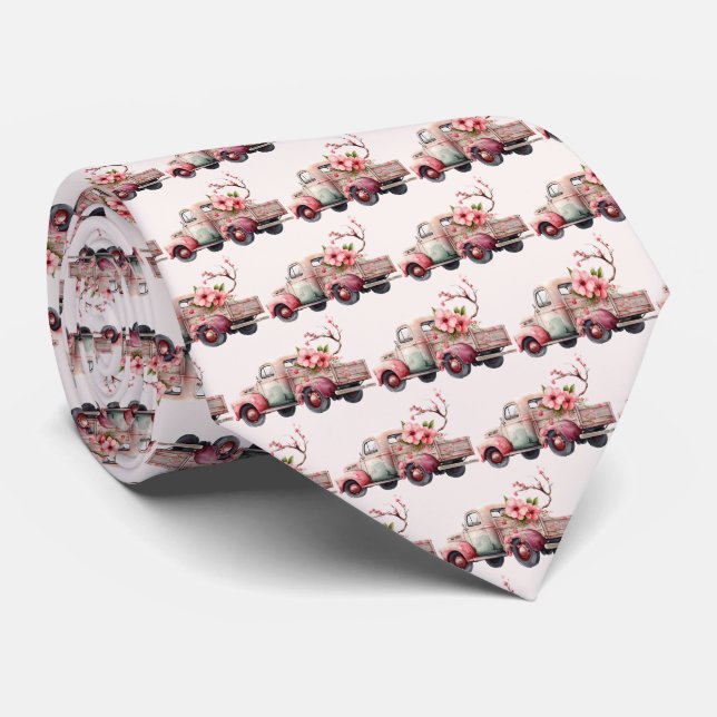 Pink Vintage Farmer's Truck Pattern Tie (Rolled)