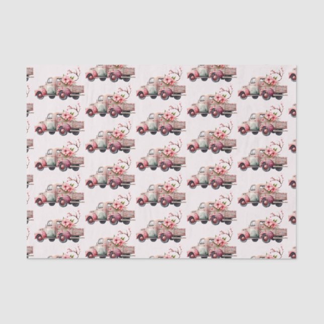 Pink Vintage Farmer's Truck Pattern Tissue Paper (Front)