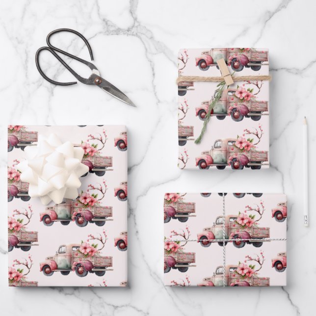 Pink Vintage Farmer's Truck Pattern Wrapping Paper Sheet (Front)
