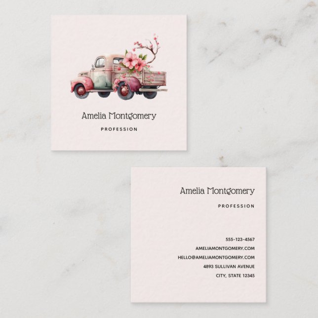 Pink Vintage Farmer's Truck Square Business Card (Front/Back)