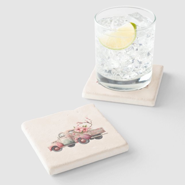 Pink Vintage Farmer's Truck Stone Coaster (Side)
