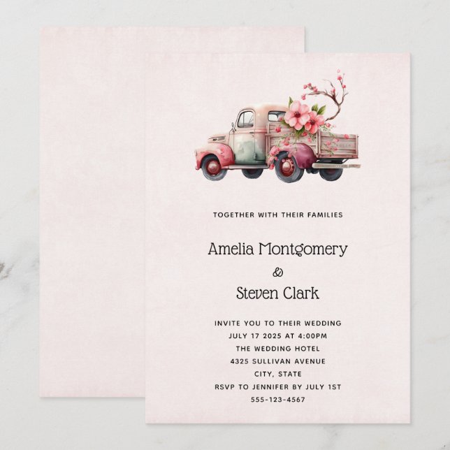 Pink Vintage Farmer's Truck Wedding Invitation (Front/Back)
