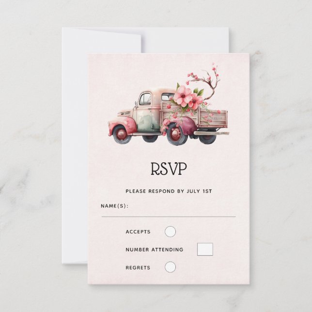 Pink Vintage Farmer's Truck Wedding RSVP Card (Front)