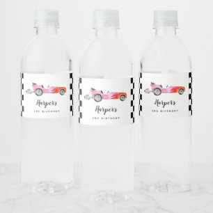 Pink Vintage Fast Car Kids Birthday Party  Water Bottle Label