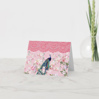 Pink vintage floral elegant lace colourful peacock card
