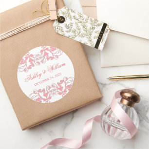 Pink Vintage Floral Flourish Wedding Party Favour Classic Round Sticker