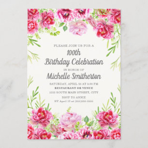 Pink Vintage Floral Greenery 100th Birthday Invitation