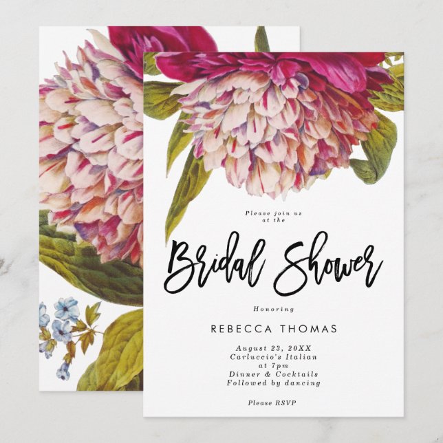 pink vintage floral greenery bridal shower invitation (Front/Back)