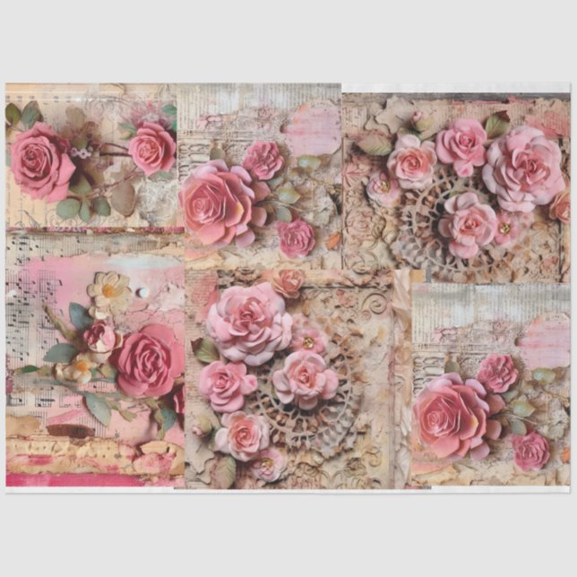 Pink Vintage Floral Grunge Decoupage Tissue Paper (Front)