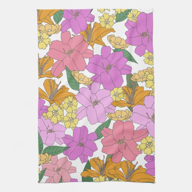 Pink Vintage Floral Kitchen Tea Towel (Vertical)