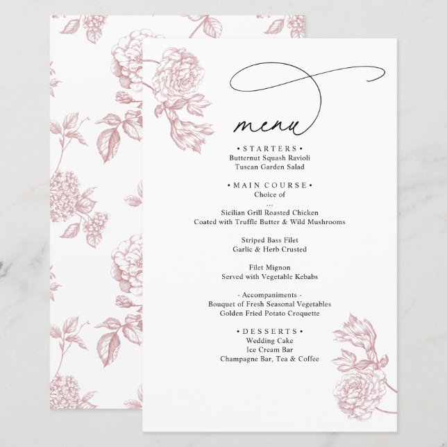 Pink Vintage Floral Modern Script Wedding Menu (Front/Back)