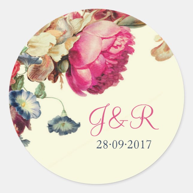 Pink Vintage Floral Monogram Wedding Sticker (Front)