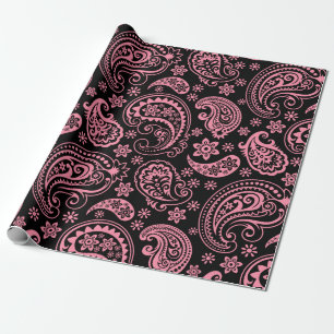 Pink Vintage Floral paisley Over Black Background Wrapping Paper