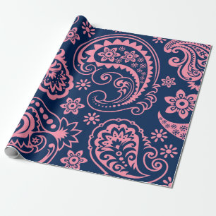 Pink Vintage Floral paisley Over Blue Background Wrapping Paper