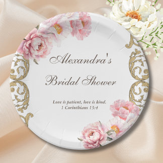 Pink Vintage Floral Peony Christian Bridal Shower Paper Plate