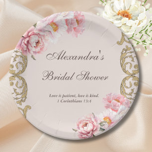 Pink Vintage Floral Peony Christian Bridal Shower Paper Plate