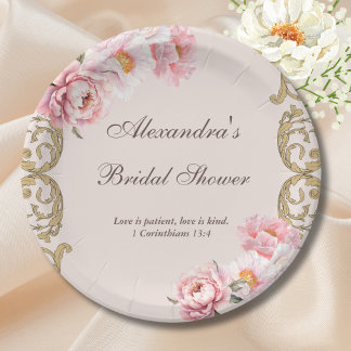 Pink Vintage Floral Peony Christian Bridal Shower Paper Plate