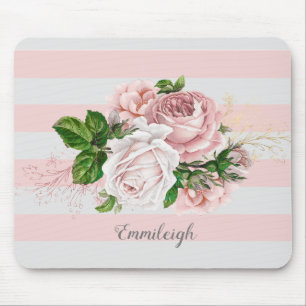 Pink Vintage Floral Striped Mouse Mat