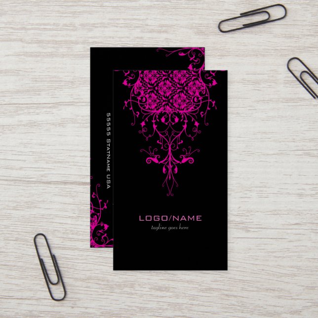 Pink Vintage Floral swirls Business Card (Front/Back In Situ)