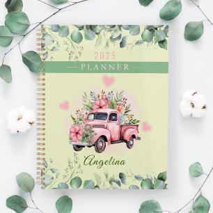 Pink Vintage Floral Truck Greenery Personalise Planner
