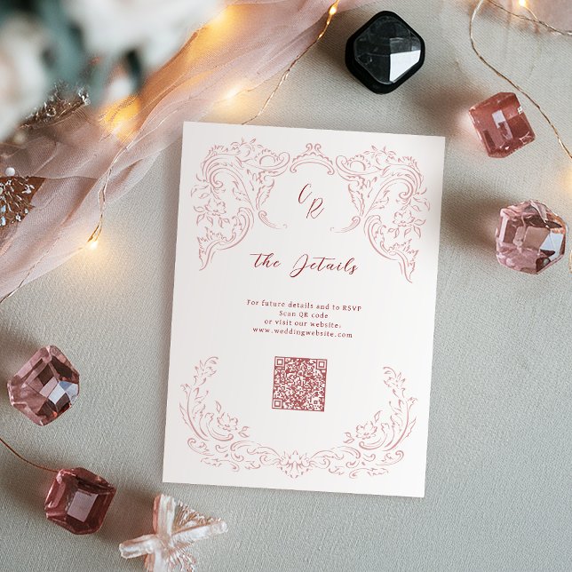 Pink Vintage Flourish Monogram Wedding Details Enclosure Card (Pink Vintage Flourish Monogram Wedding Details Enclosure Card)